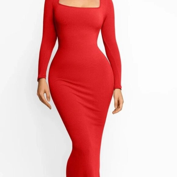 Popilush Shapewear Square Neck Long Sleeve Slimming Modal Maxi Dress (Red) - Picture 2 of 5
